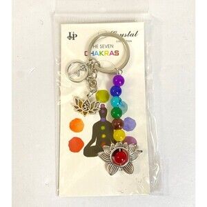 The Seven Chakras Yoga Lotus Flower Charms Keychain Multi Beads Silver Tone New